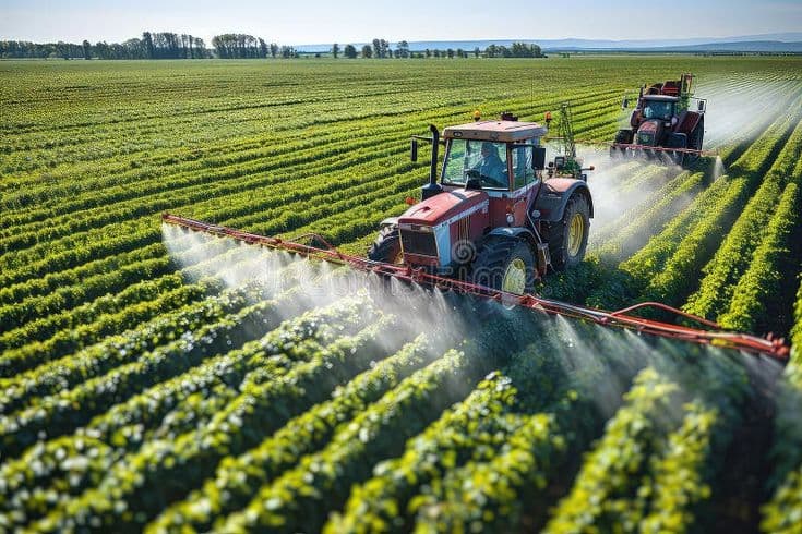 Tractors spraying rows of crops on a large verified farm
